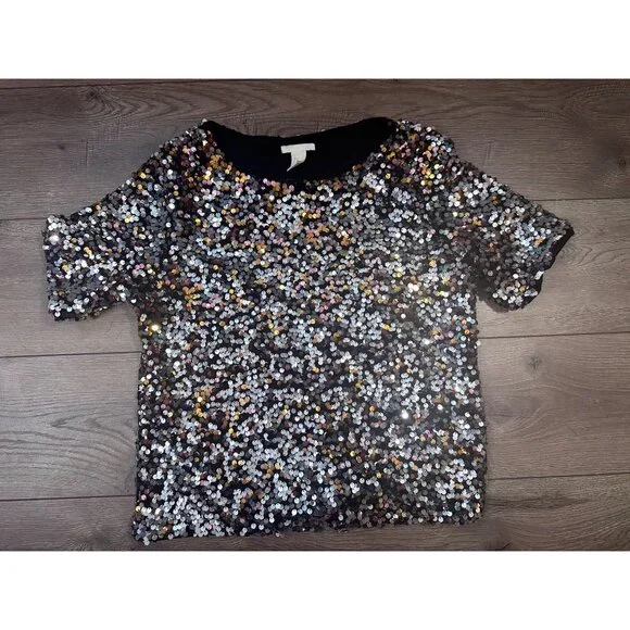 H&M Tops Hm Short Sleeve Metallic Sequin Sparkle Pullover